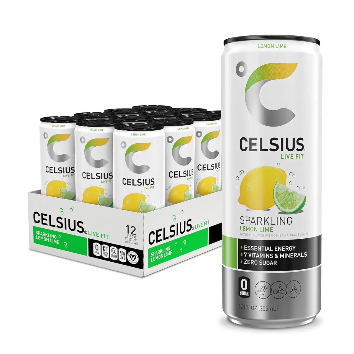 CELSIUS Sparkling Lemon Lime, Sugar Free Energy Drink, 12 Fl Oz (Pack of 12)