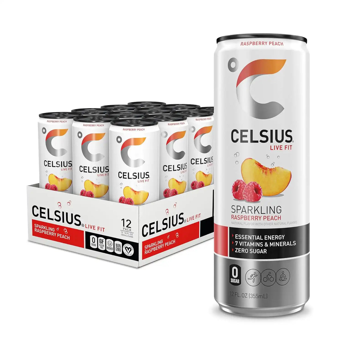 CELSIUS Sparkling Raspberry Peach, Sugar Free Energy Drink, 12 Fl Oz (Pack of 12)
